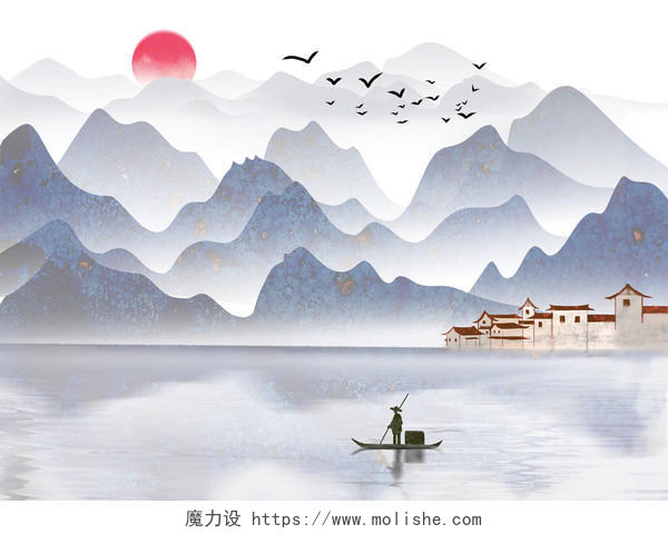 中国风中式古风水墨山水手绘插画